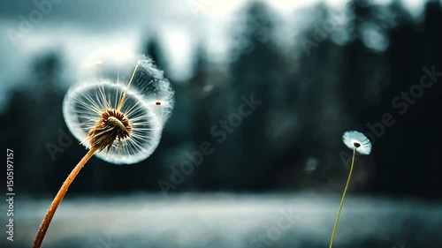 Detailed view of a mature dandelion in a field; smaller seed heads in soft focus, moody lighting and dark background