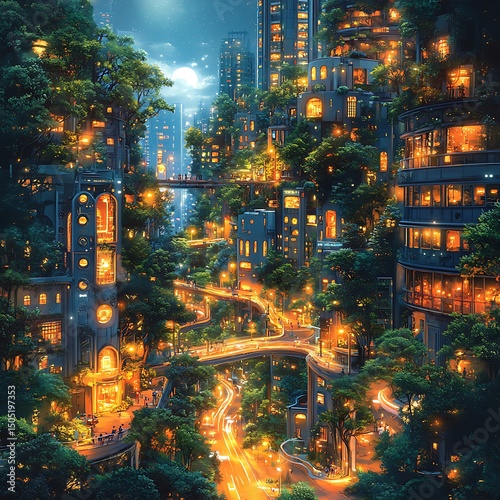 Enchanting nighttime cityscape featuring buildings integrated with lush greenery and illuminated pathways showcasing a high resolution image