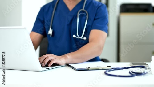 Medicine doctor hand working with digital tablet computer interface as medical network concept