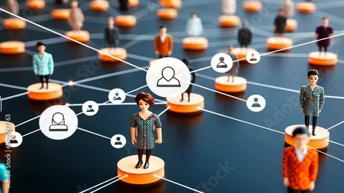 Connected people presented as miniature figures on discs, linked by white lines on a dark background