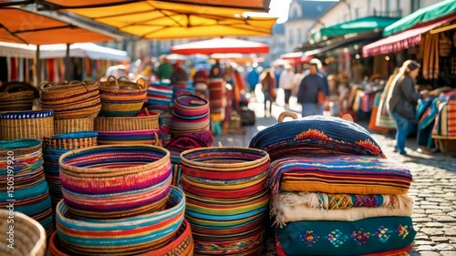 Colorful Textiles and Woven Baskets in Outdoor Market Daytime