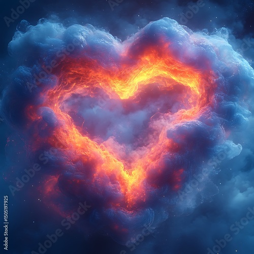Fiery heart shape formed by clouds against a dark blue sky high resolution image