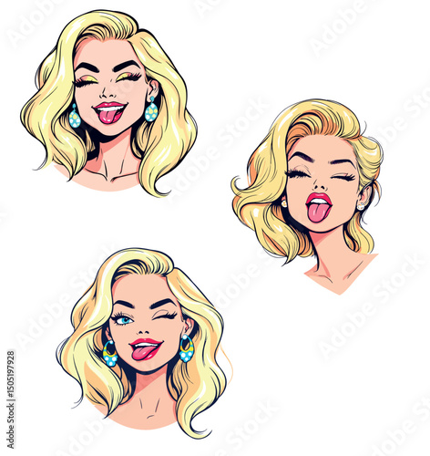 Vsai pop art woman sticking out tongue and winking in three different expressions