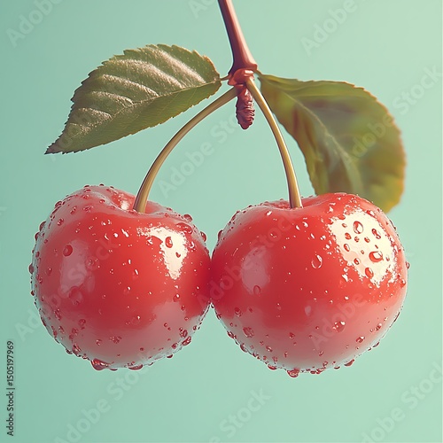Fresh and vibrant close up of two ripe cherries with water droplets and green leaves.