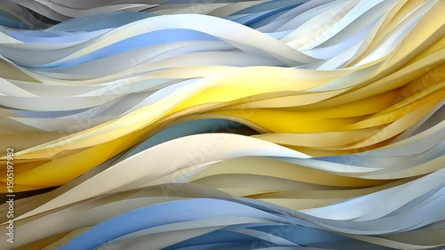 Abstract flowing ribbons in hues of yellow, tan, grey, and blue, forming waves of color and texture in a smooth, gradient pattern