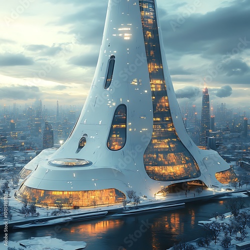 Futuristic architectural design of an iconic towering skyscraper and urban landscape high resolution image