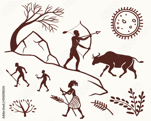 Cave painting drawing of prehistoric humans hunting with bow and arrow and gathering food and plants art