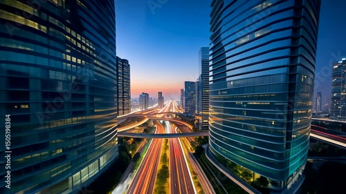 Urban Highway Between Skyscrapers at Dusk Long Exposure Cityscape