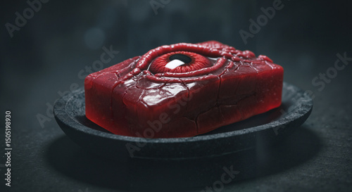 A kraken eye shaped soap, dark red glossy center with cracked edges, on a black stone tray