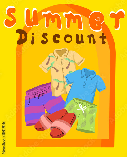 Summer clothes set with t-shirt, dress, Hawaiian shirt, skirt and more. Summer season outfit collection in cartoon stye. Vector illustration