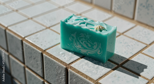 Sea glass soap bar with decorative design on tiled background  