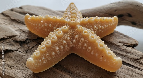 Starfish-shaped soap with rough, barnacle-like texture, sitting atop a driftwood slab