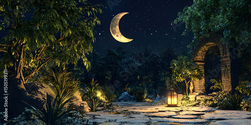 Nighttime Oasis Under Crescent Moon with Lantern Light