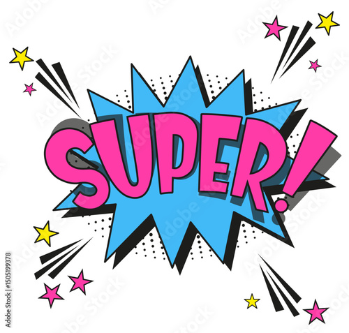 Comic lettering super. Vector bright cartoon illustration in retro pop art style. Comic text sound effects. EPS 10.