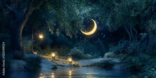 Nighttime Oasis Under Crescent Moon with Lantern Light
