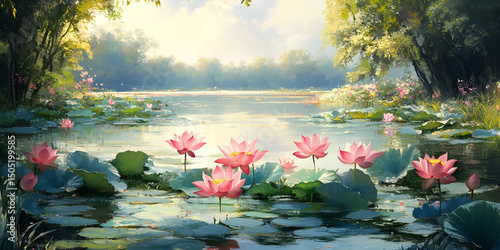 Lotus Pond Surrounded by Blooming Flowers in Nature