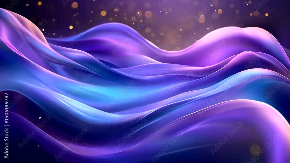 Abstract artwork depicts smooth, flowing, purple and blue waves with a backdrop of soft, golden, bokeh-style light spots