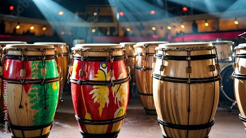 Colorful Conga Drums on Stage Under Concert Lighting Indoor Performance