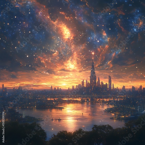 Futuristic city skyline illuminated by celestial stars reflecting in the tranquil water a high resolution image
