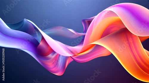 Abstract ribbon-like waves cascade in a colorful, dynamic flow against a dark blue backdrop, evoking a sense of movement and vibrancy