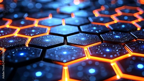 Abstract arrangement of dark hexagons with bright spots and orange outlines creates a futuristic digital network