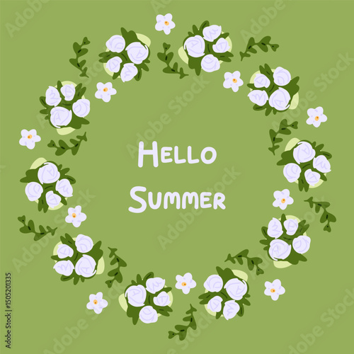 Summer Floral Wreath Green Background featuring a circular frame of stylized cartoon flowers and green foliage around the hand-lettered phrase Hello Summer in flat design.