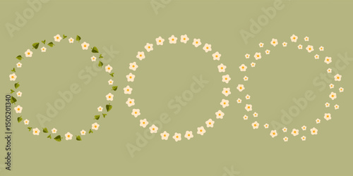 Minimal Summer Floral Wreath Trio featuring three delicate circular frames composed of tiny cartoon flowers and leaves, drawn in flat minimal style on an olive green background.