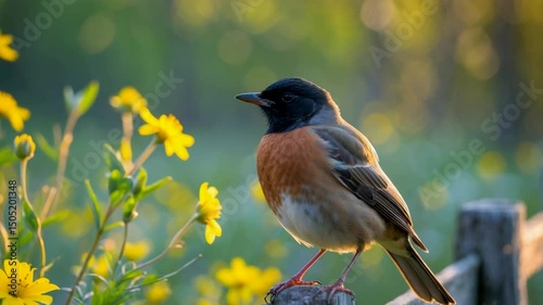 Songbird Perched Among Yellow Wildflowers Close Up Morning Light