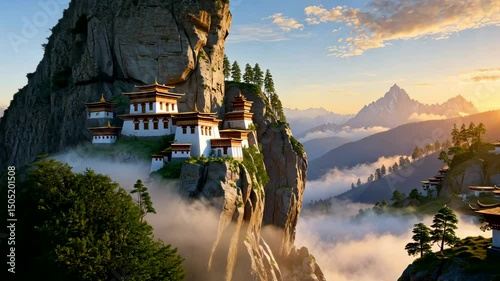 Cliffside Monastery Surrounded by Mountains and Clouds Sunrise