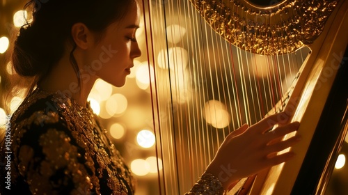 A graceful woman plays a golden harp under a soft glow of light. The scene conveys elegance and musical beauty. A moment of serene artistry captured perfectly. Generative AI