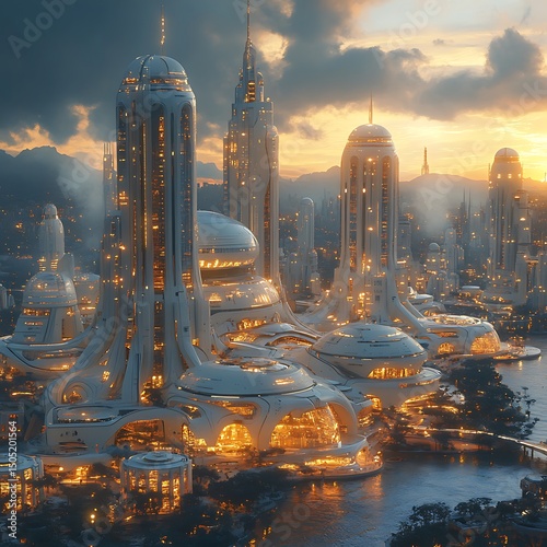 Futuristic cityscape at sunset featuring modern architectural buildings and high resolution image