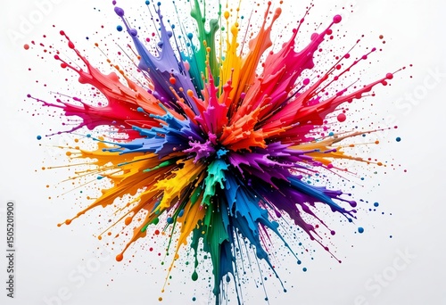 A vibrant, radial explosion of multicolored paint splatters on a clean white backdrop.