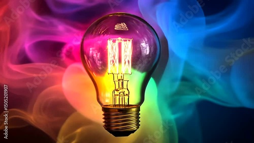 A bright, illuminated light bulb glows with a warm, golden light, contrasted by a vibrant, colorful swirling smoke background