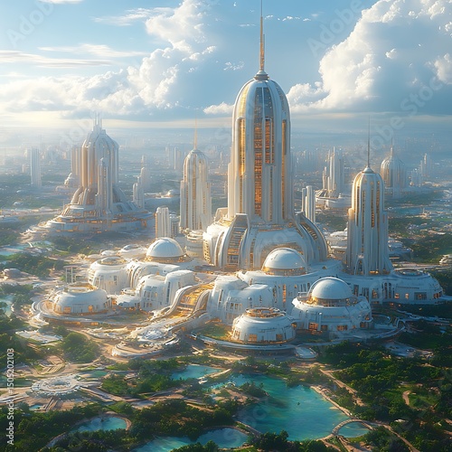 Futuristic cityscape depicting architectural wonders of a highly advanced urban metropolis
