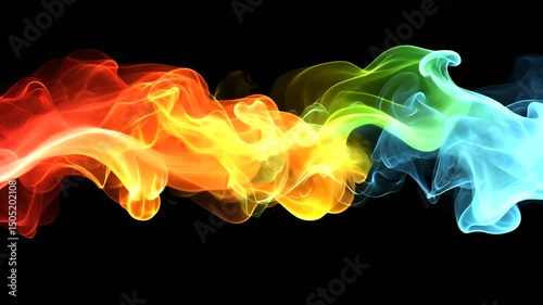 Abstract vibrant rainbow smoke on black background, swirling and blending in a mesmerizing pattern