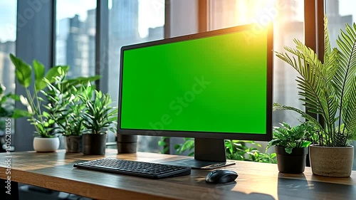 Indoor workspace featuring computer, keyboard, mouse and potted plants with a large window and city building view in the background