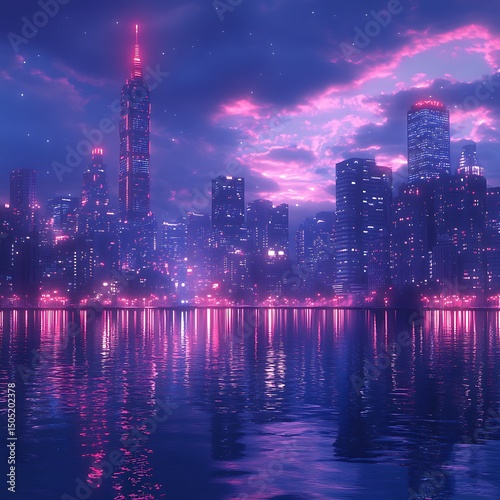 Futuristic cityscape illuminated by vibrant neon lights reflecting in tranquil water creating a high resolution image