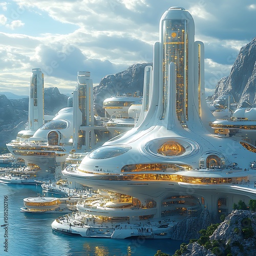 Futuristic cityscape showcasing a stunning architectural design by the water with bright lights and a high resolution image.