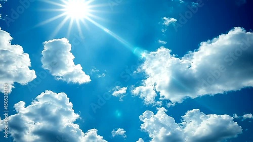 Sunny sky with fluffy clouds, vivid blue sky, with the sun shining bright and lens flares. Soft and inviting