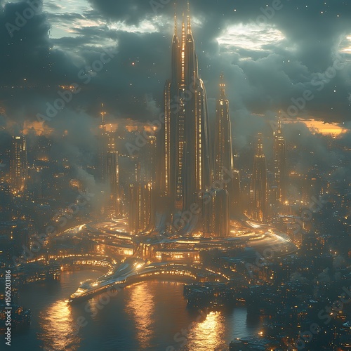Futuristic cityscape with towering illuminated structures at dusk an impressive high resolution image