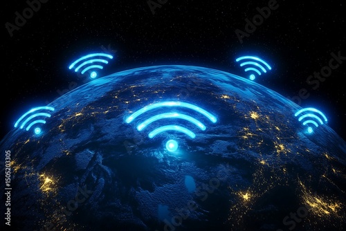 Global Wireless Connectivity Concept with Glowing Wi-Fi Symbols over Earth at Night.
