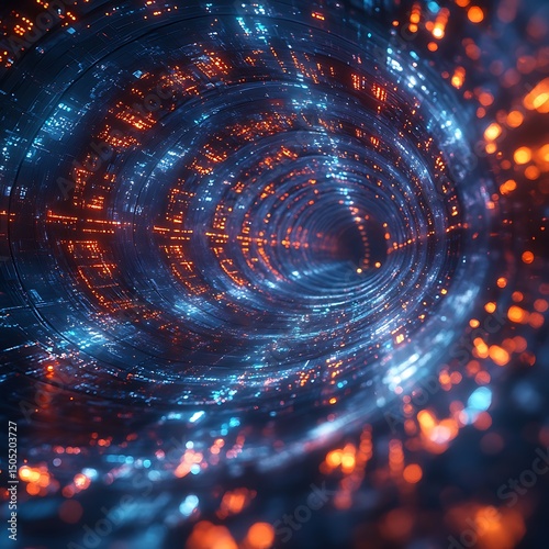 Futuristic digital tunnel with glowing orange and blue lights offering high resolution image views