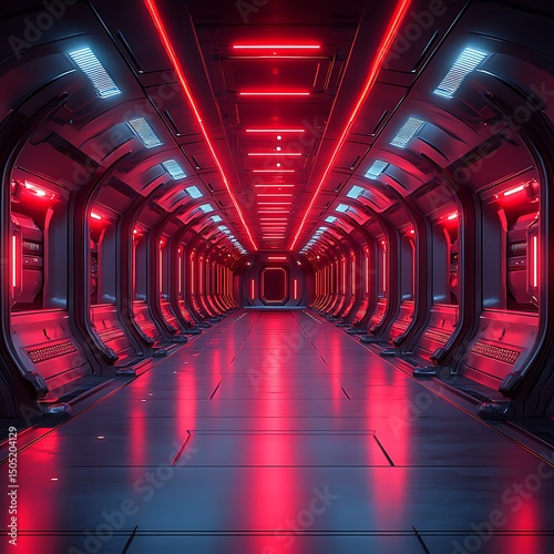 Futuristic interior perspective of a spaceship corridor with red and blue neon lighting with a high resolution image