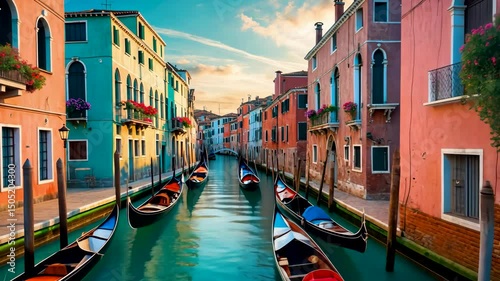 Gondolas Floating Along Venice Canal – Sunset Lighting – Romantic Atmosphere