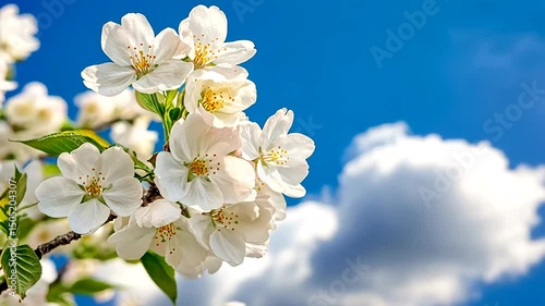 Blossoms cascade against a vibrant sky, pristine petals contrasting with the azure expanse and fluffy white clouds dotting the horizon