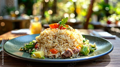 Rice dish close-up a green plate piled high with savory rice, vegetables, and meat. Orange juice shines in the background