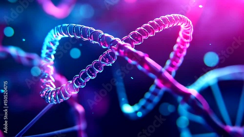 Abstract DNA strand illuminated by vibrant blue and pink neon glows against a dark backdrop, evoking a futuristic, scientific atmosphere