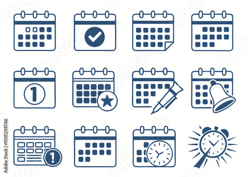 Calendar Icon Set – Blue & White Vector Icons for Scheduling, Reminders, Events & Appointments