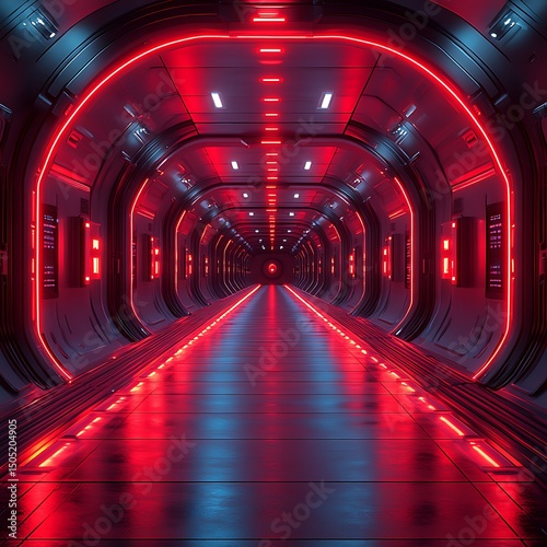Futuristic red and blue lit perspective view of a technologically advanced tunnel interior design high resolution image