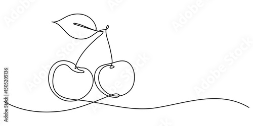 Continuous one line drawing cherry. Vector illustration. Black line art on white background, Cherry minimalistic design. Hand drawn sketch, Red cherry fruit illustration with continuous line art pro.
